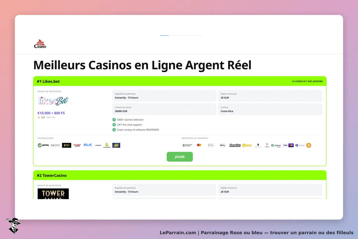 Rose ou bleu : liste des meilleurs casinos en ligne avec détails sur Likes.bet et TowerCasino
