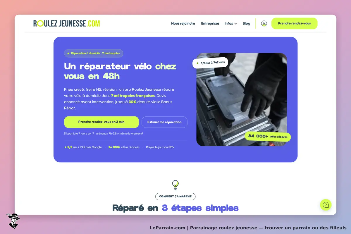 Roulez Jeunesse : page d'accueil avec informations sur la réparation de vélos à domicile