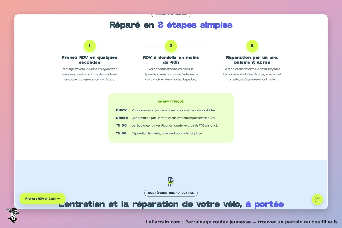roulez jeunesse : page d'accueil avec étapes de prise de rendez-vous pour la réparation de vélo