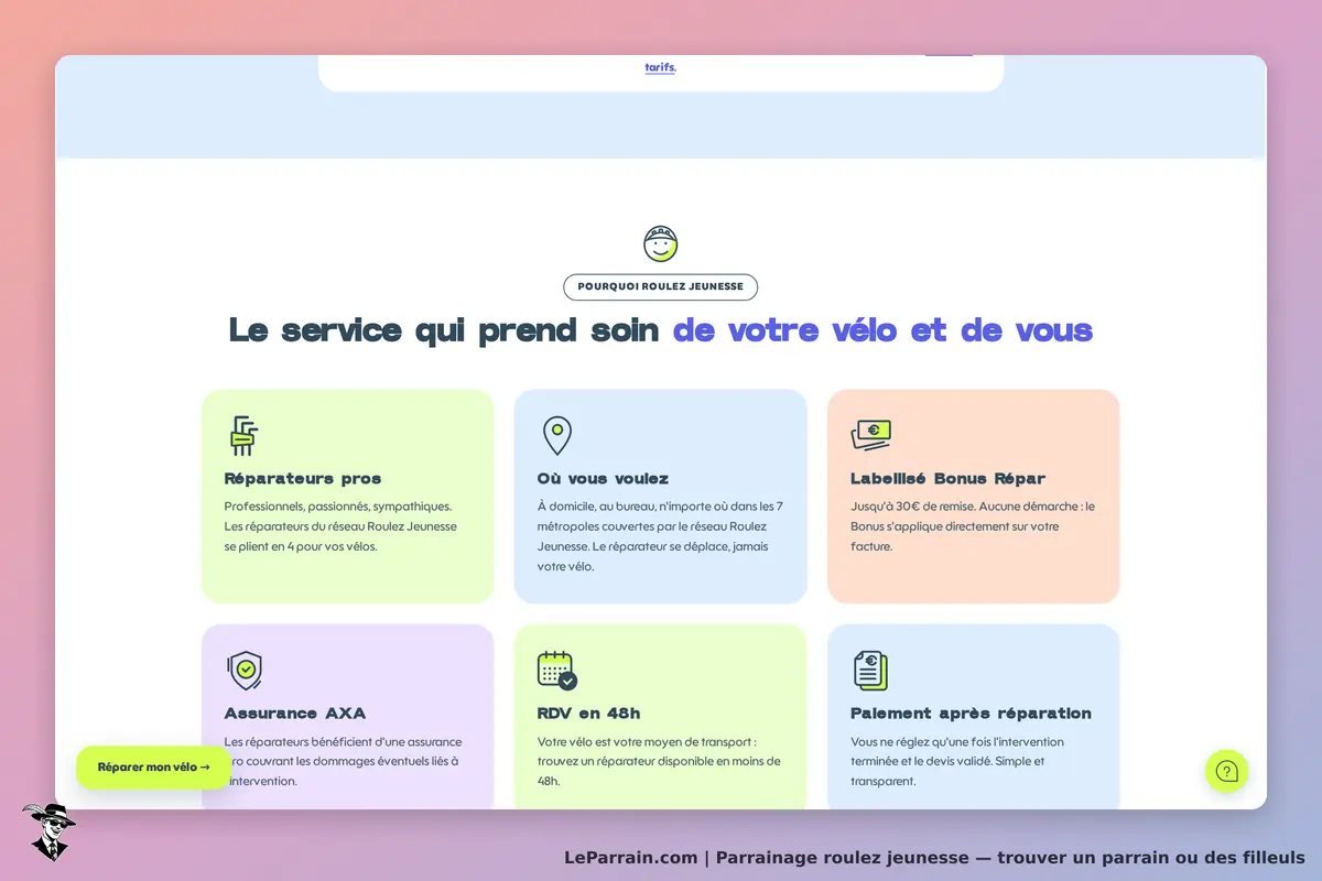 Roulez Jeunesse : page d'accueil avec services de réparation de vélos et informations pratiques