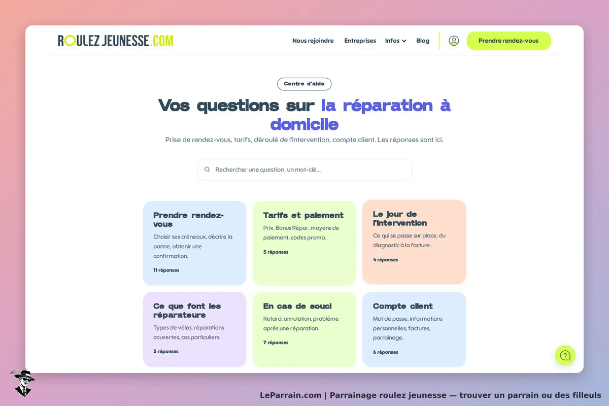 roulez jeunesse : page d'accueil avec questions fréquentes sur la réparation à domicile