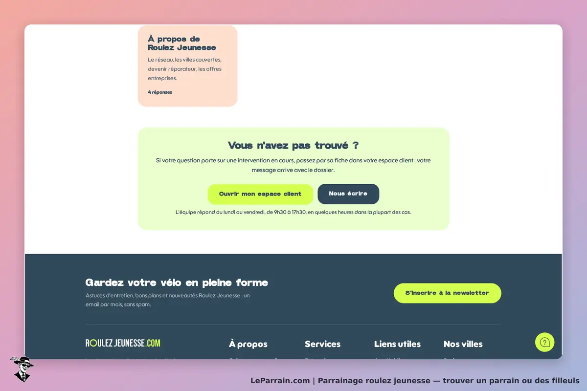 Roulez Jeunesse : informations et options de contact en bas de la page d'accueil