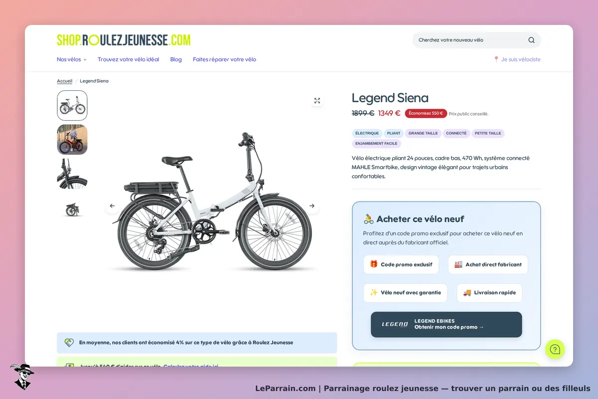 roulez jeunesse : page produit affichant un vélo électrique pliant Legend Siena en détail