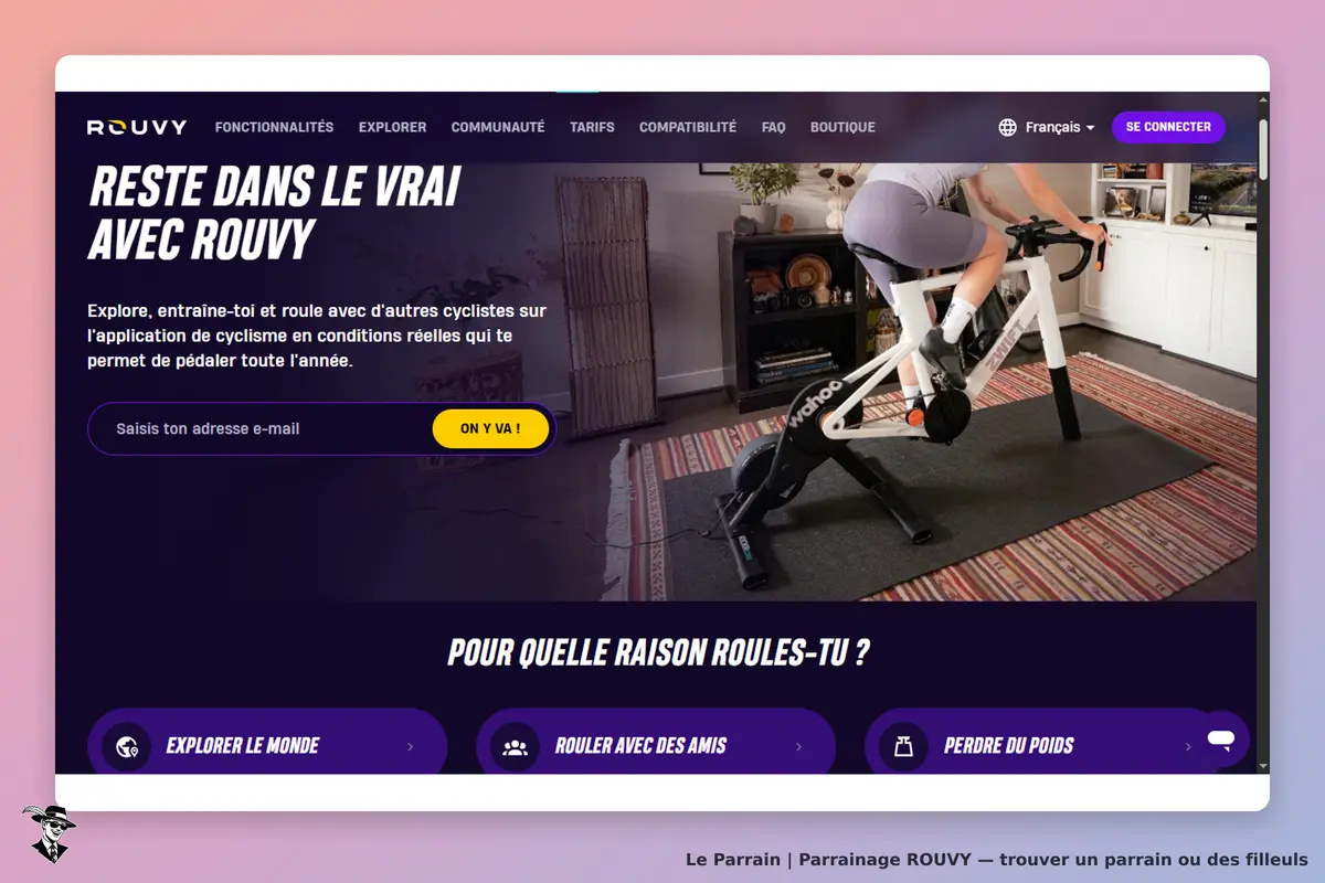 ROUVY : page d'accueil avec un cycliste sur un home trainer et un formulaire d'inscription