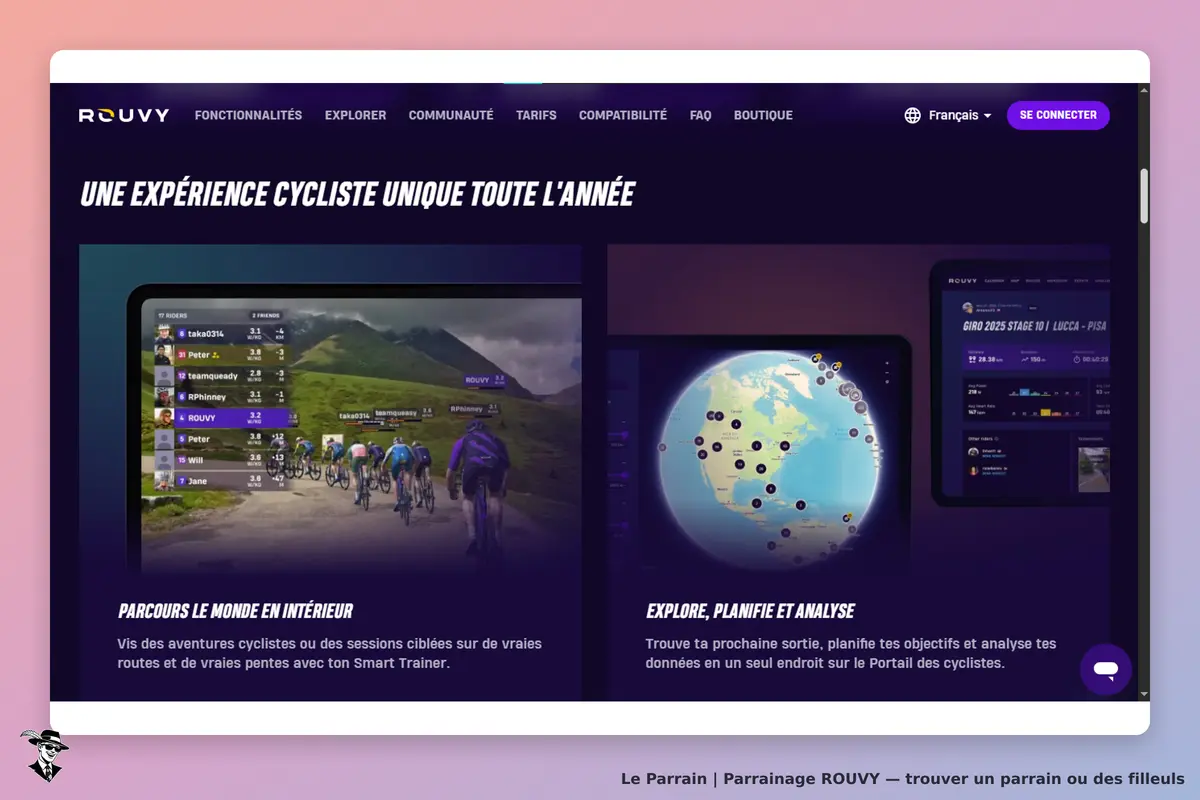 ROUVY : page d'accueil présentant des fonctionnalités pour cyclistes et une carte interactive