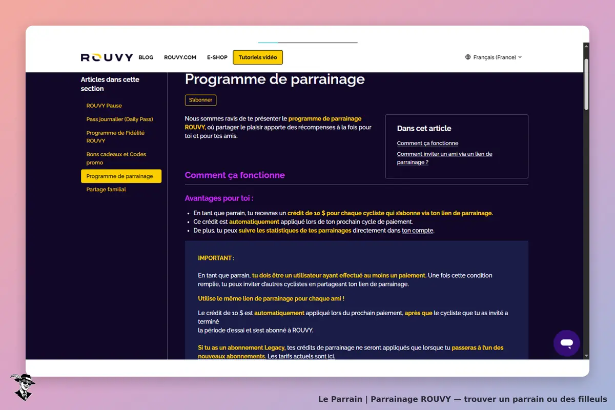 ROUVY : page présentant le programme de parrainage avec explications et avantages