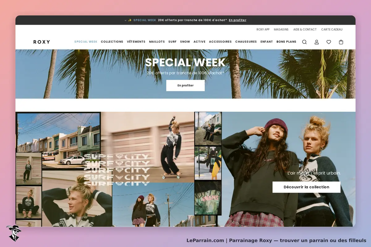 Roxy : page d'accueil avec des images de vêtements et un slogan sur l'esprit urbain