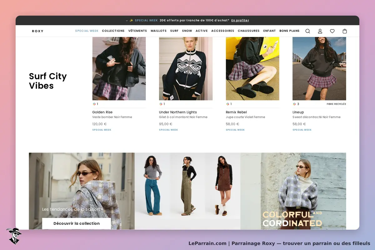 Roxy : page d'accueil présentant des vêtements pour femmes et des tendances de saison