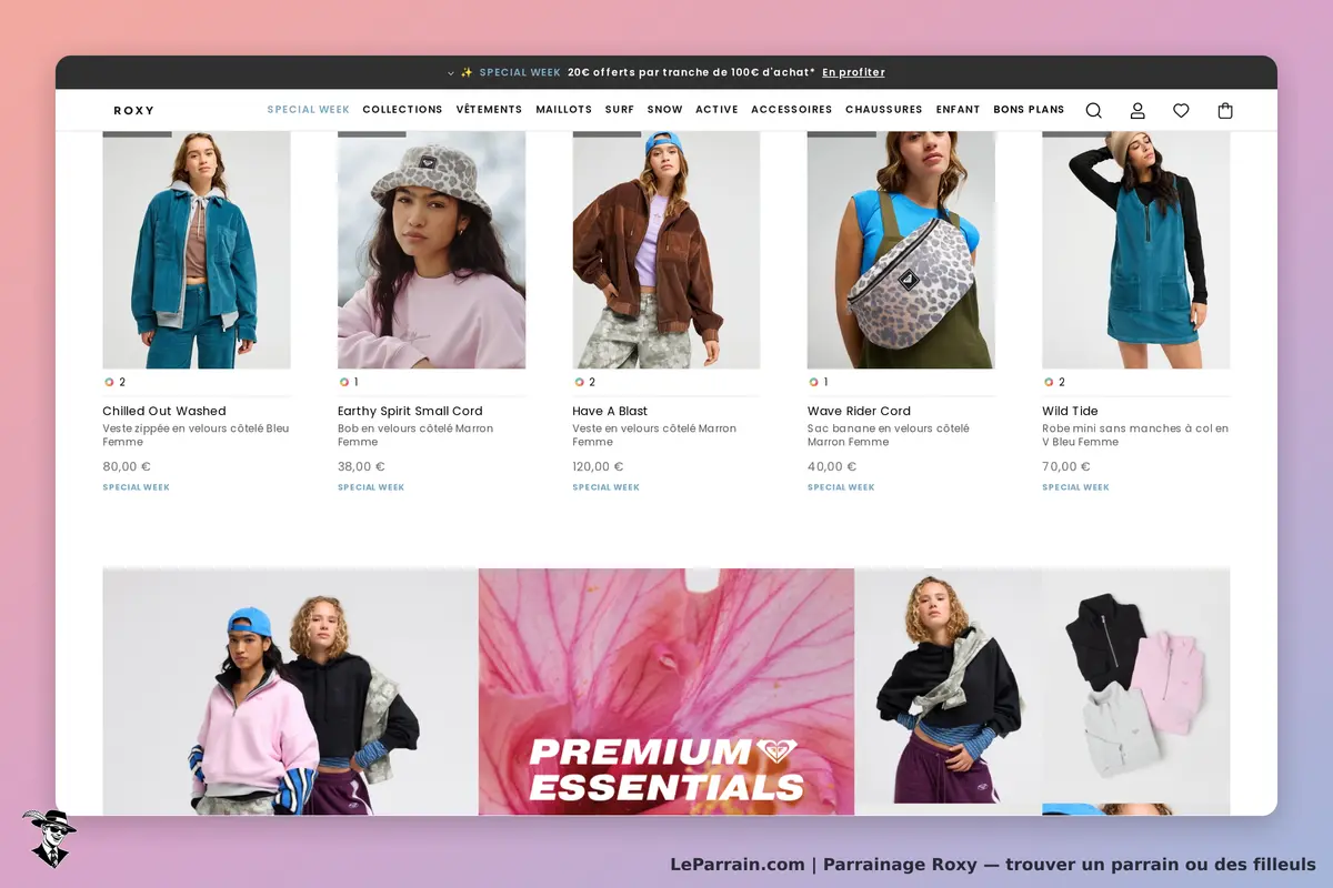 Roxy : page d'accueil présentant divers vêtements et accessoires pour femmes