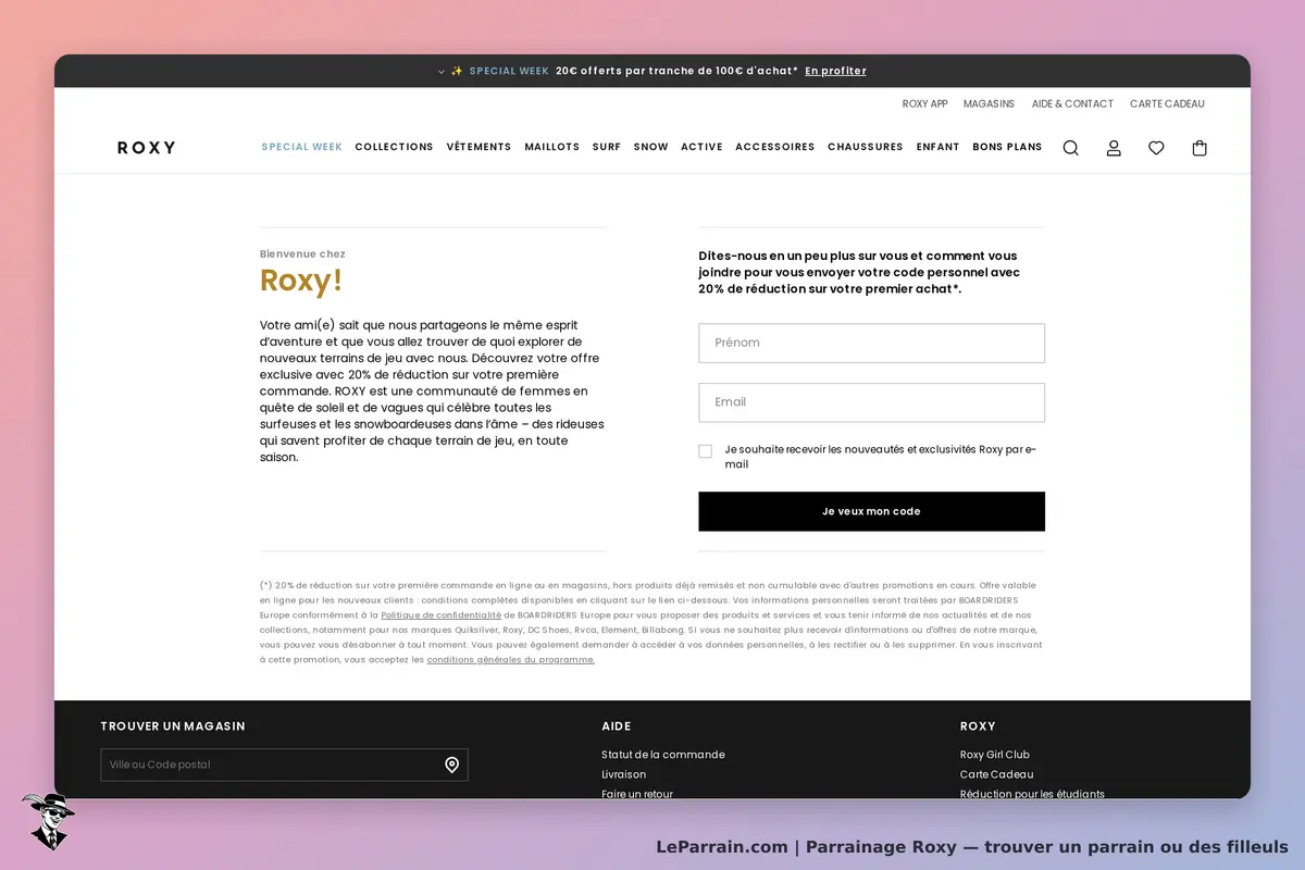 Roxy : page d'accueil avec formulaire pour recevoir un code de réduction et informations