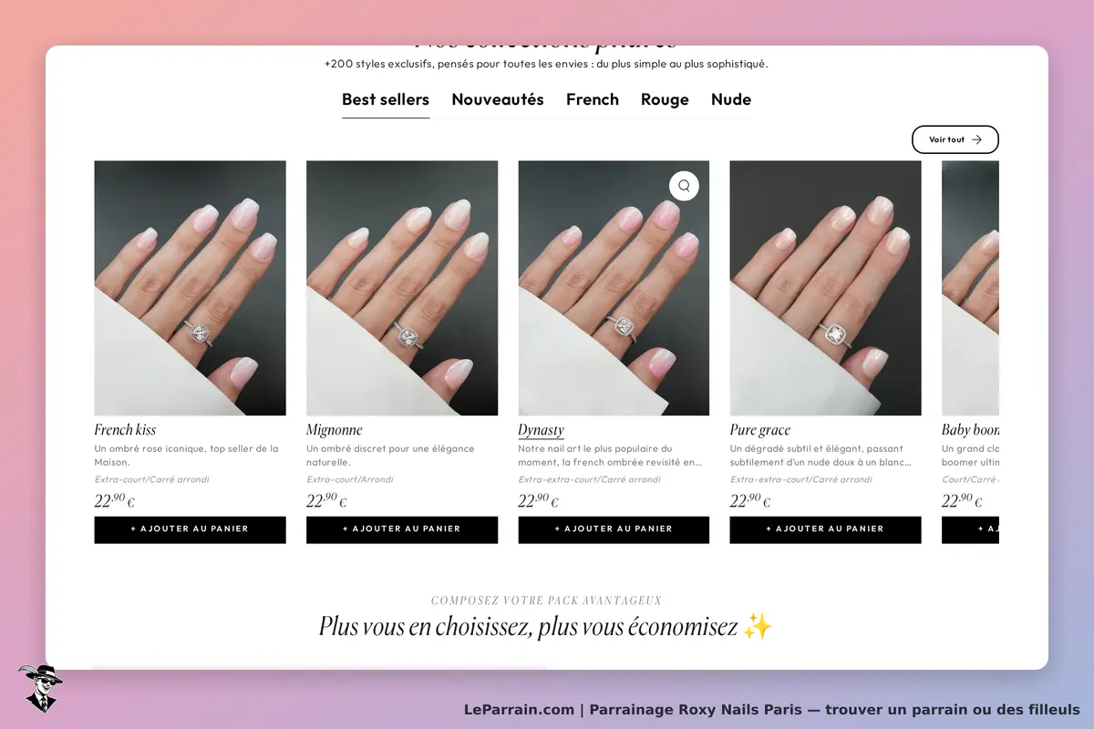Roxy Nails Paris : affichage de plusieurs styles de manucure avec descriptions et boutons d'ajout