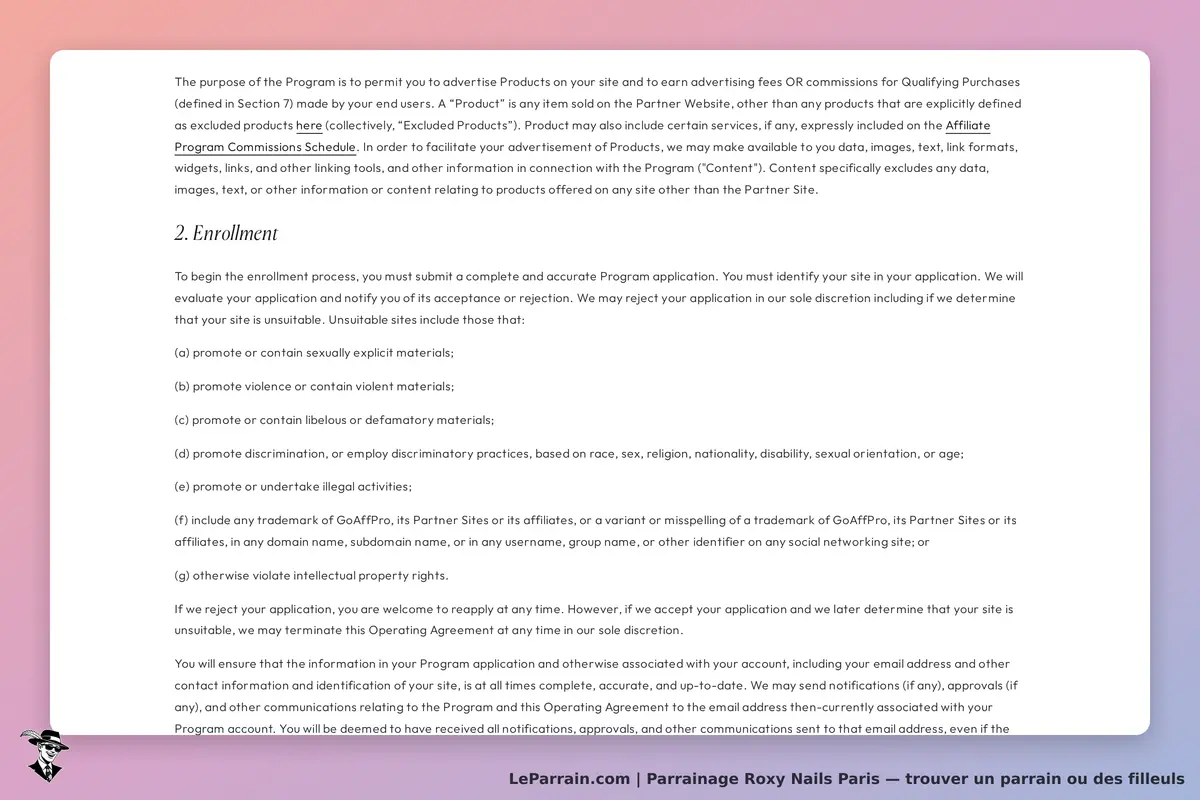 Roxy Nails Paris : texte sur les conditions d'inscription au programme d'affiliation