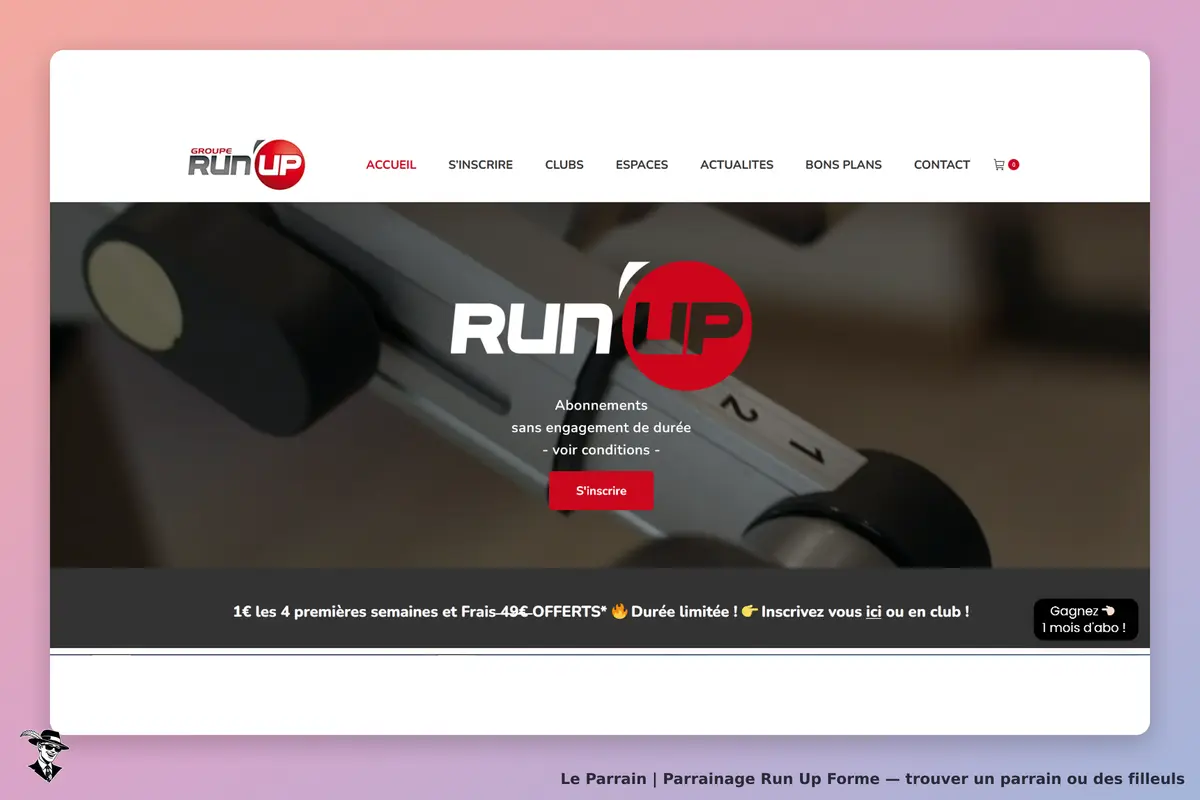 Run Up Forme : run Up : page d'accueil avec logo et bouton d'inscription sur fond d'équipement de
