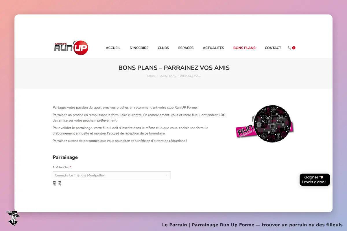 Run Up Forme : page de parrainage avec formulaire et mention d'un club à Montpellier