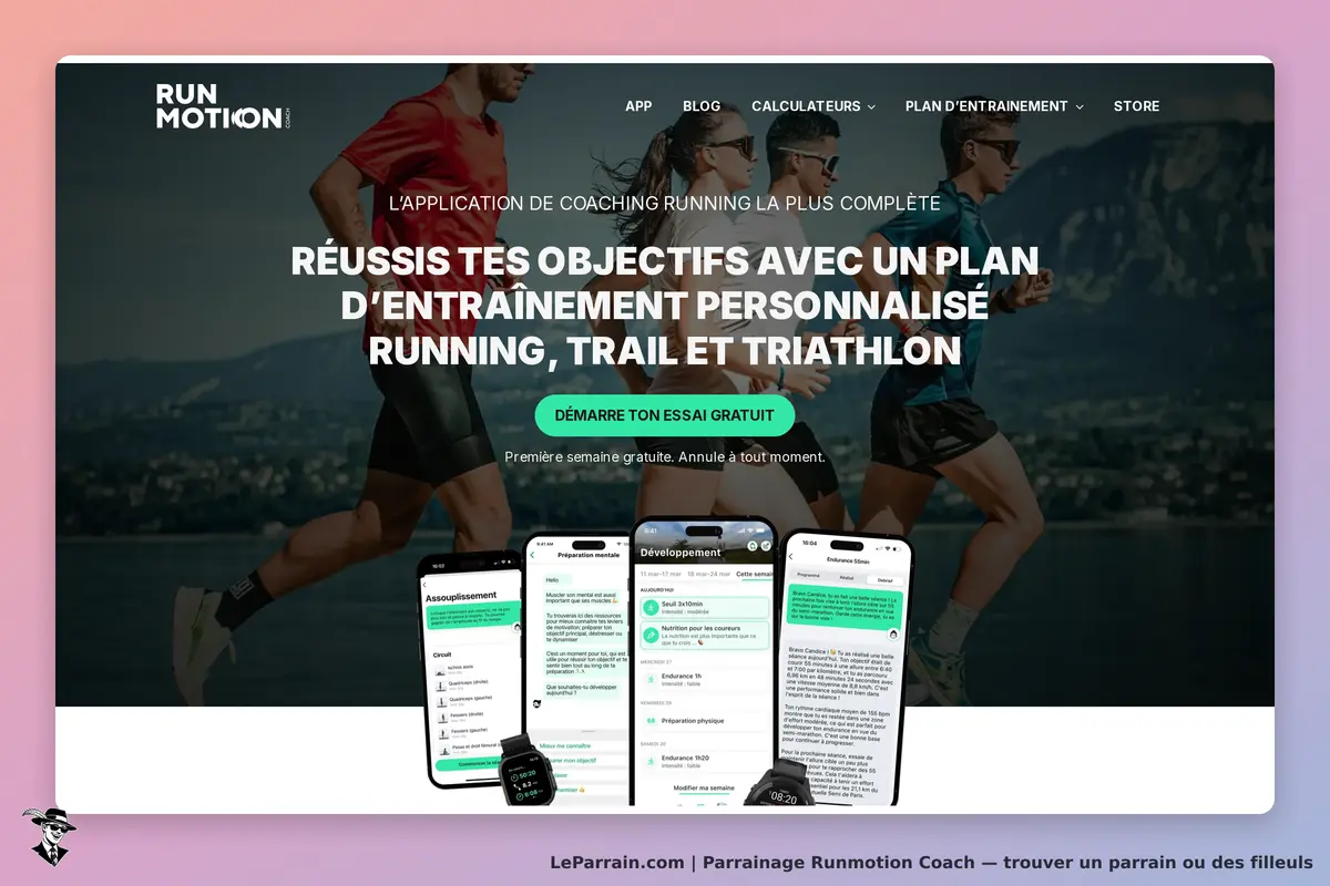 Runmotion Coach : page d'accueil avec des coureurs et des smartphones affichant l'application