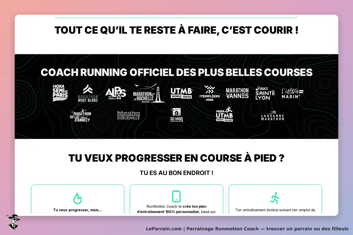 Runmotion Coach : page d'accueil avec logos de courses et invitation à progresser en course à pied