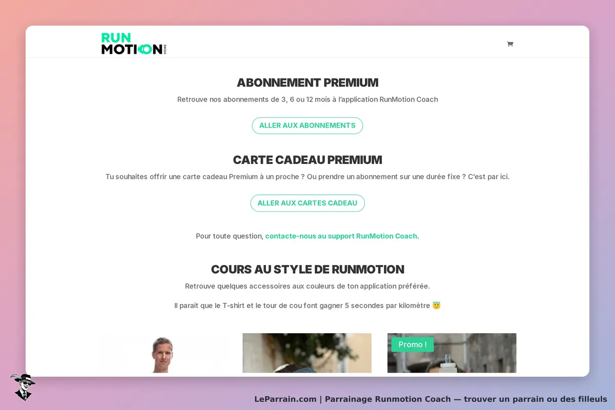 Runmotion Coach : page présentant abonnements, cartes cadeaux et accessoires de l'application