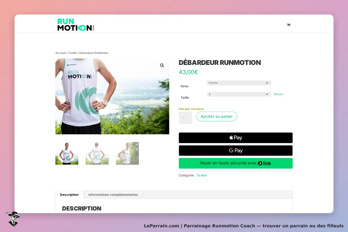 Runmotion Coach : page produit avec débardeur, options de taille et de sexe, images supplémentaires