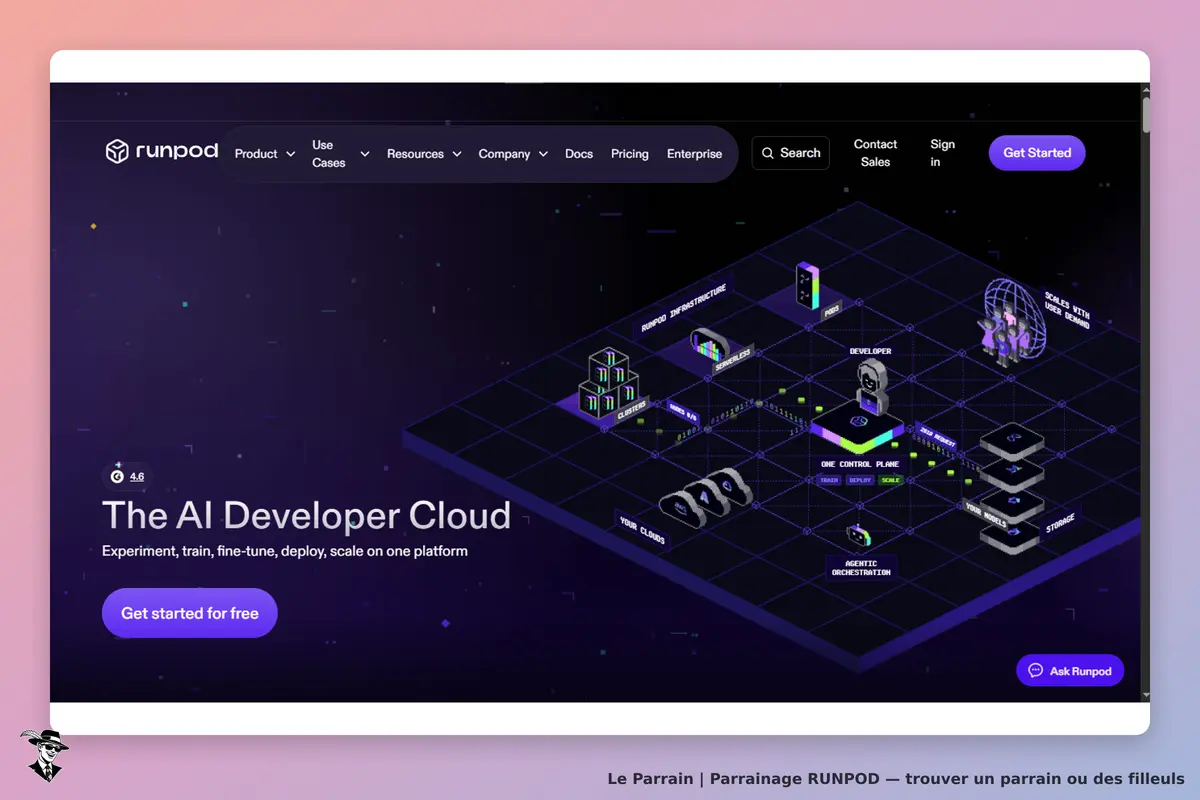 RUNPOD : page d'accueil présentant un schéma du cloud pour développeurs d'IA