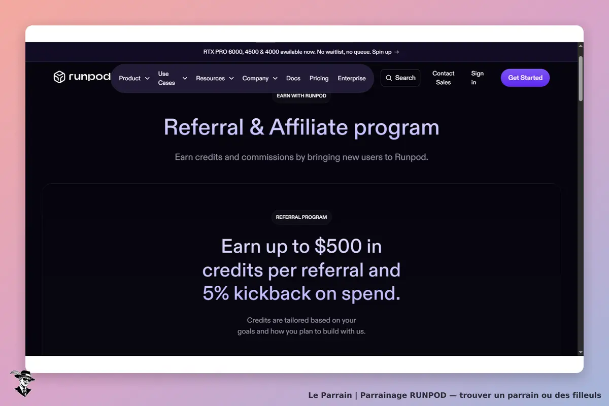 RUNPOD : page d'accueil présentant le programme de parrainage et des crédits à gagner