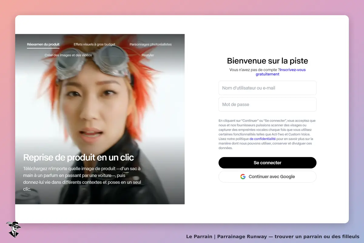 Runway : page d'accueil avec une femme aux cheveux rouges et un formulaire de connexion