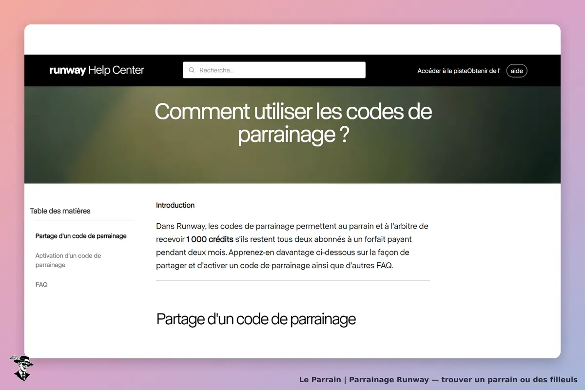 Runway : page d'aide sur l'utilisation des codes de parrainage avec table des matières