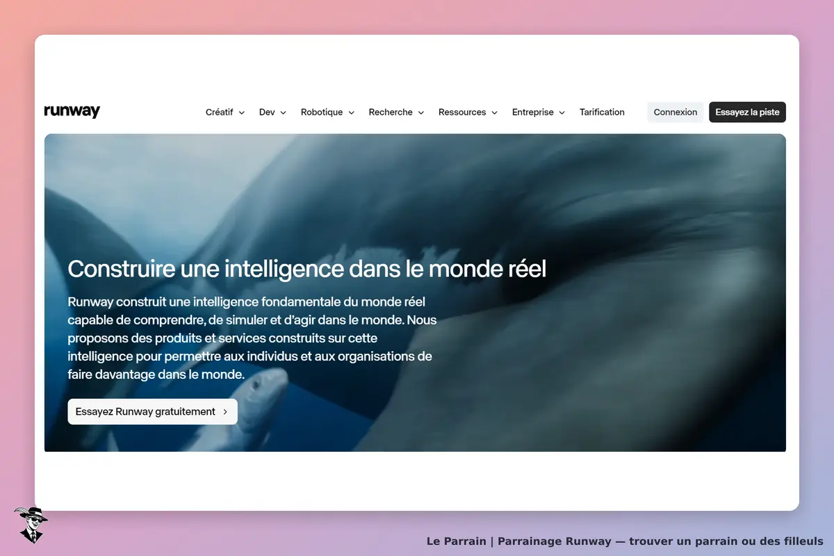 runway : page d'accueil présentant une intelligence dans le monde réel avec un bouton d'essai