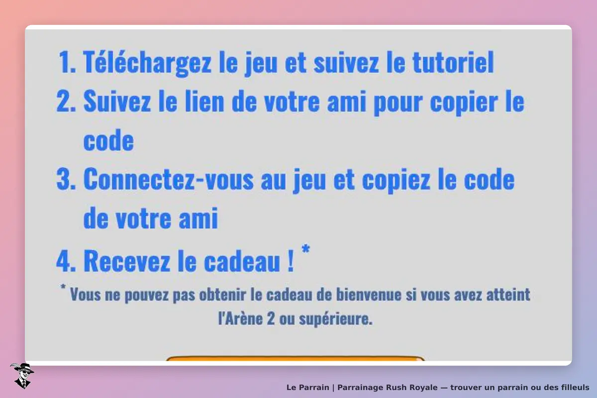 Étapes officielles Rush Royale : tutoriel, lien de l’ami et code à reporter dans le jeu pour le cadeau de bienvenue. Le cadeau ne peut pas être obtenu si le joueur a déjà atteint l’Arène 2 ou une arène supérieure. Nature et valeur non précisées.