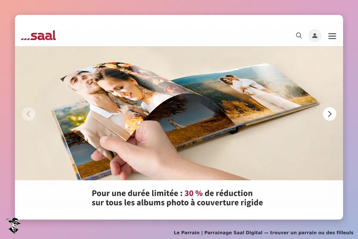 Saal Digital : saal : un album photo ouvert avec des images de couple et une main qui feuillette