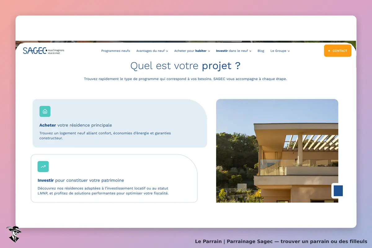 Sagec : page d'accueil présentant des options pour acheter ou investir dans un logement neuf