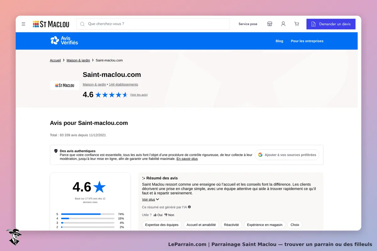 Saint Maclou : page d'avis avec note de 4.6 étoiles et résumé des retours clients