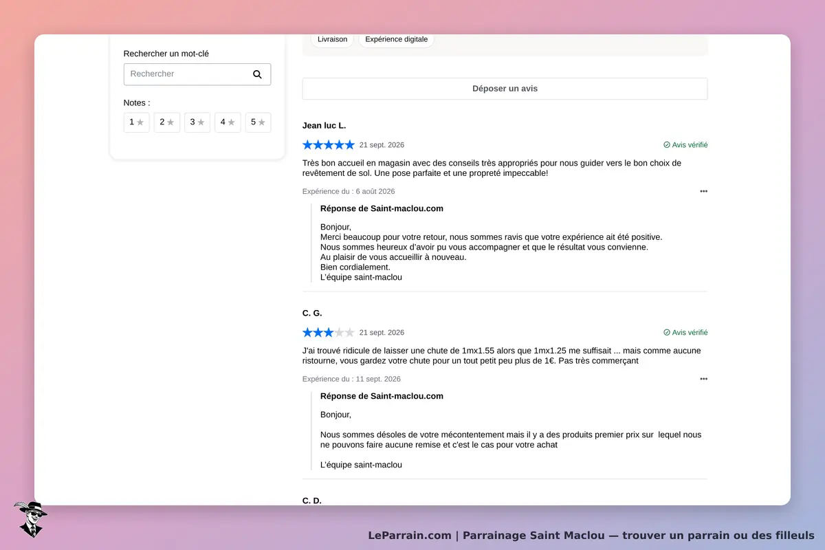Saint Maclou : avis clients avec évaluations et réponses de l'équipe sur la qualité du service