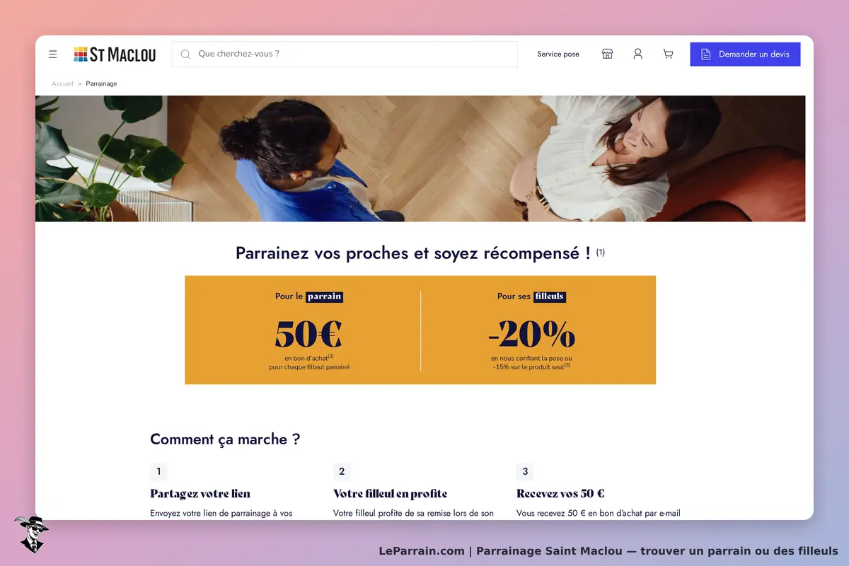 Saint Maclou : page d'accueil avec visuels de personnes et informations sur le parrainage