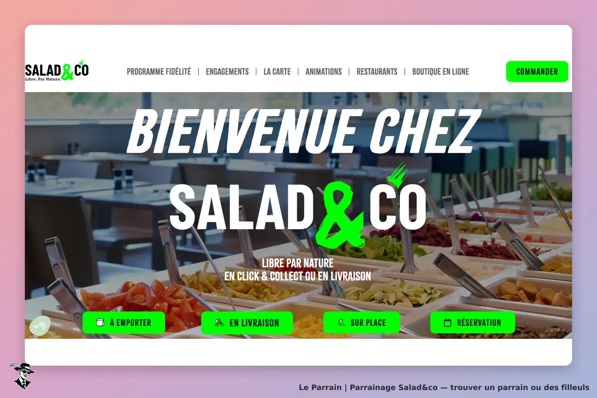 Salad&co : page d'accueil avec le message de bienvenue et des plats en libre-service