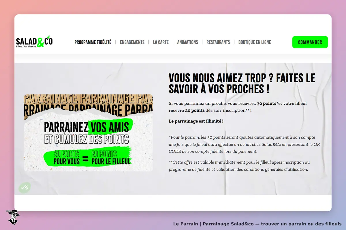 Salad&Co : page d'accueil avec informations sur le parrainage et accumulation de points
