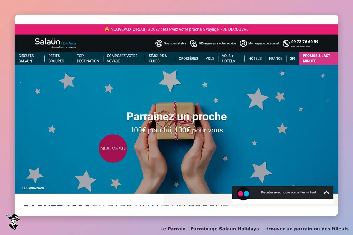 Salaün Holidays : page d'accueil avec un cadeau et un message sur le parrainage