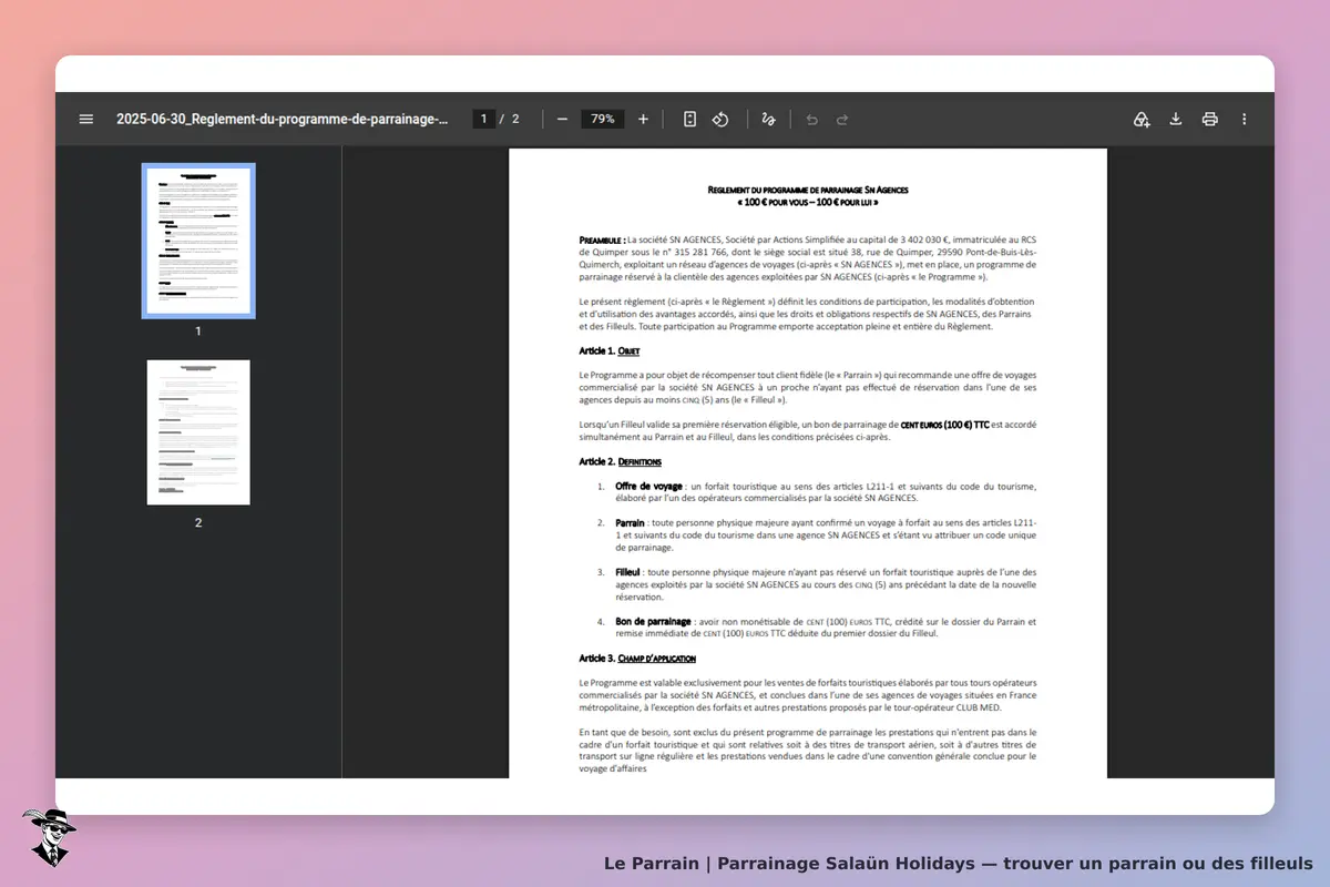 Salaün Holidays : règlement du programme de parrainage affiché sur un document PDF