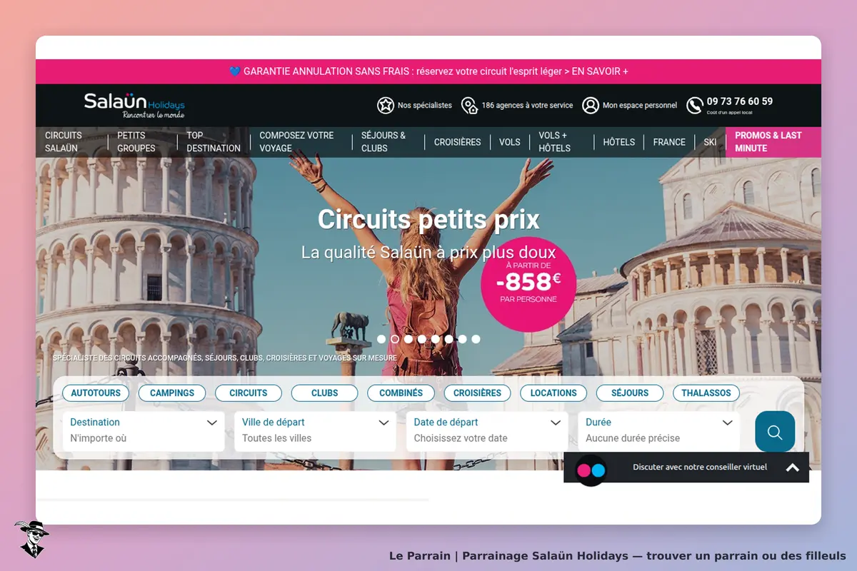 Salaün Holidays : page d'accueil avec une image de monument et un formulaire de recherche de voyage