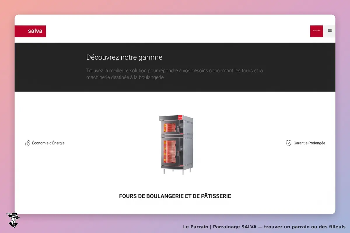 SALVA : page d'accueil présentant des fours de boulangerie et pâtisserie avec des icônes