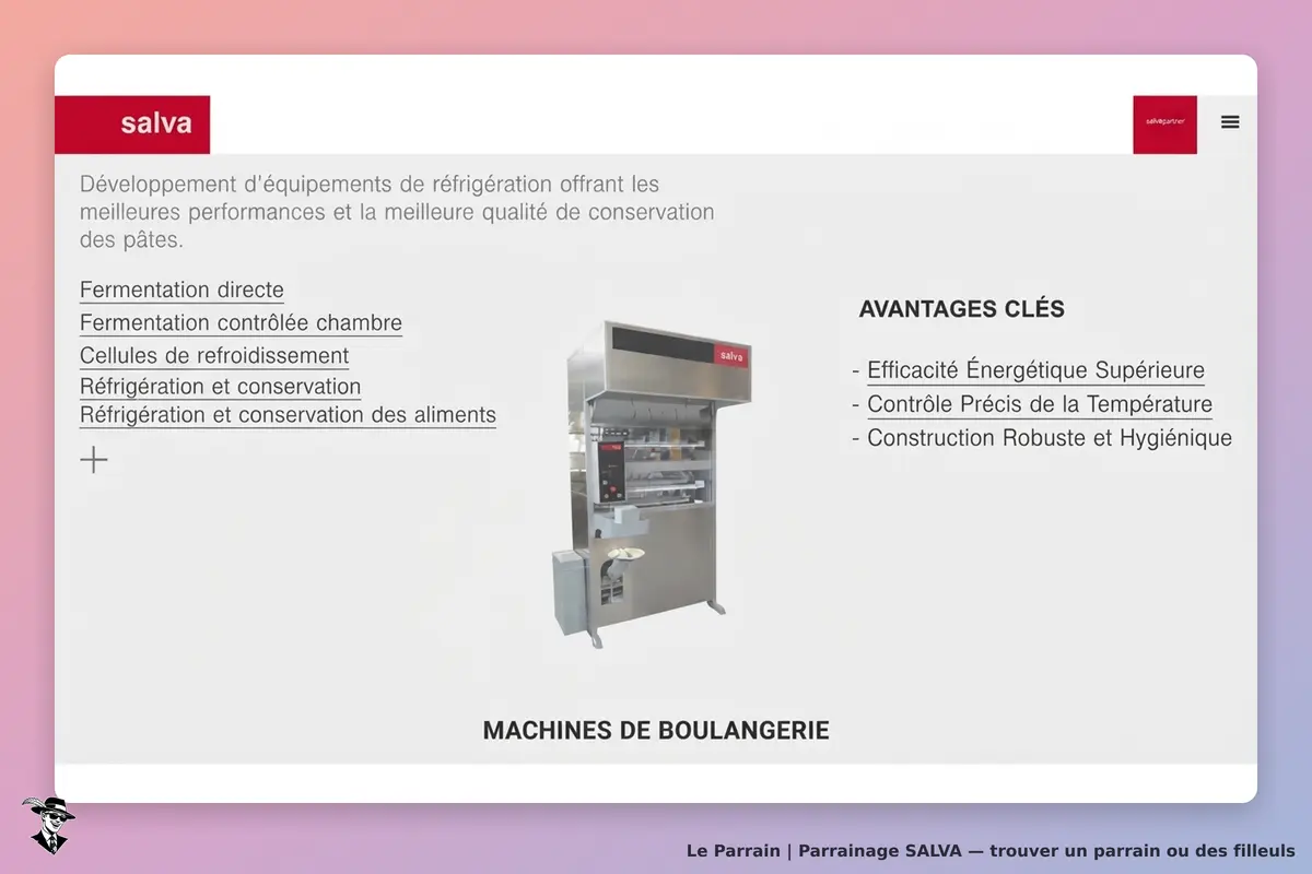 salva : présentation d'équipements de réfrigération avec machine et avantages clés affichés