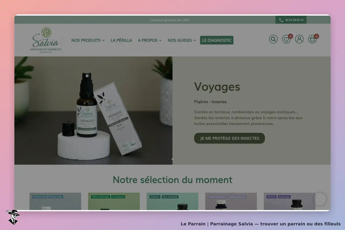 Salvia : page d'accueil présentant un spray bio "Voyages" contre les piqûres d'insectes