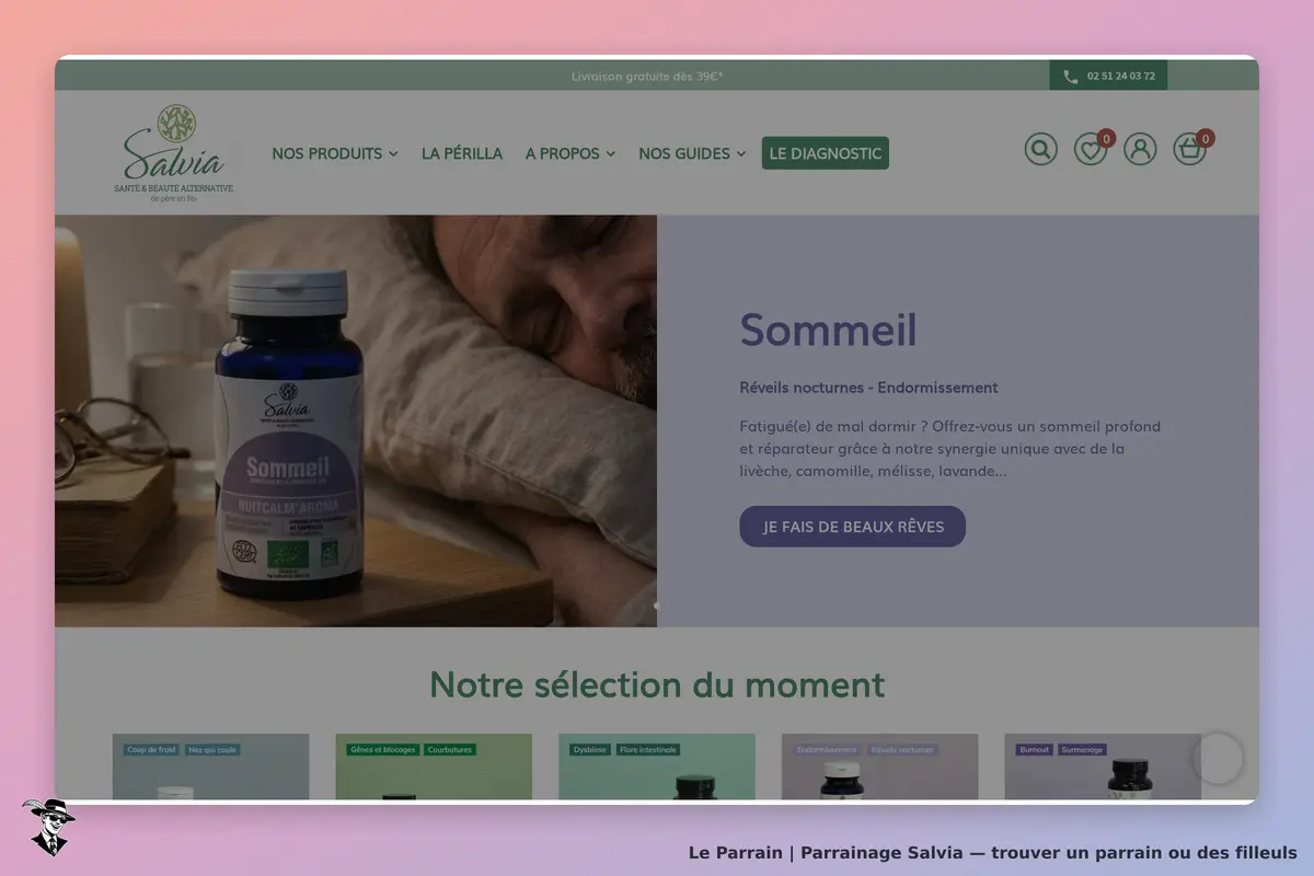 Salvia : page d'accueil présentant le produit "Sommeil" et une sélection de produits