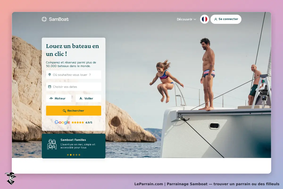 Samboat : page d'accueil avec un formulaire de location et des personnes sur un bateau