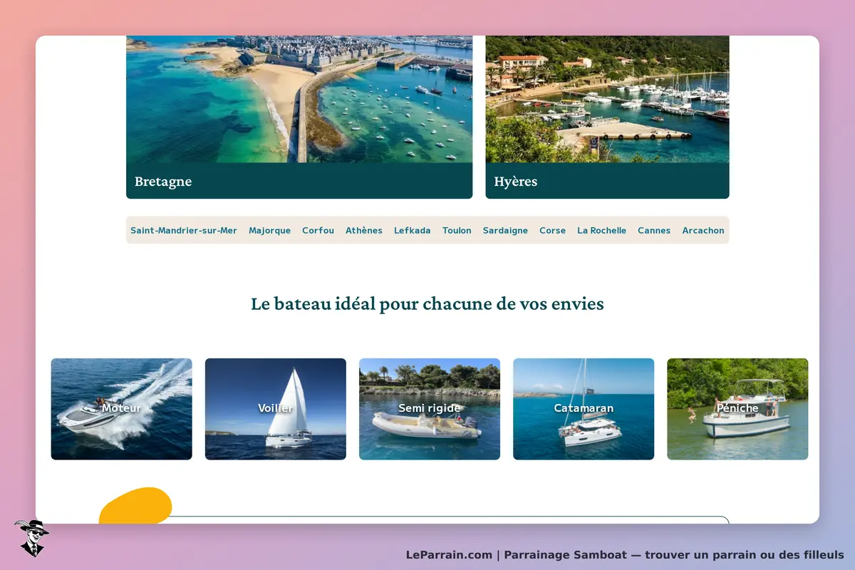 Samboat : page d'accueil avec images de destinations et types de bateaux disponibles