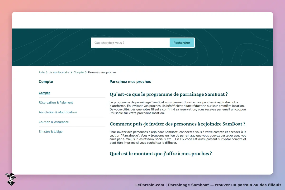 Samboat : page d'aide sur le programme de parrainage et ses conditions d'utilisation
