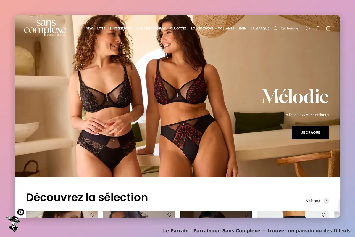 Sans Complexe : deux modèles en lingerie noire posent sur la page d'accueil du site