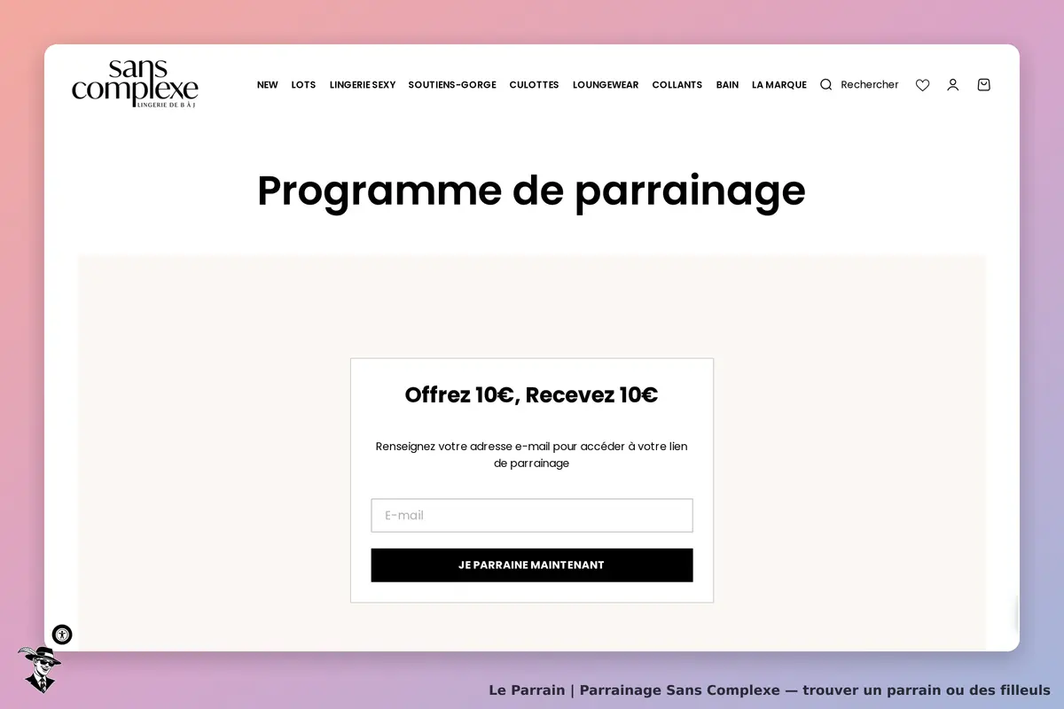 Sans Complexe : page du programme de parrainage avec un formulaire d'inscription par e-mail
