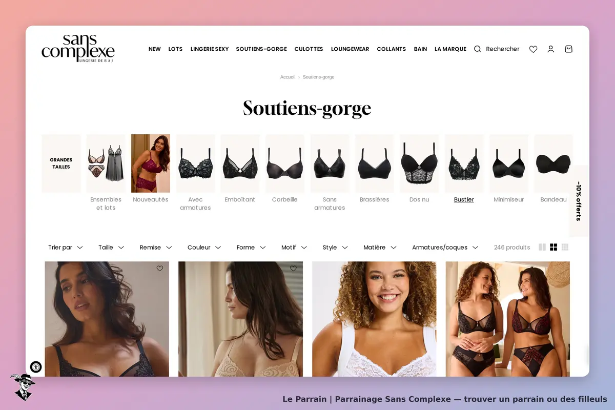 Sans Complexe : page catégorie soutiens-gorge avec différents modèles et images de lingerie