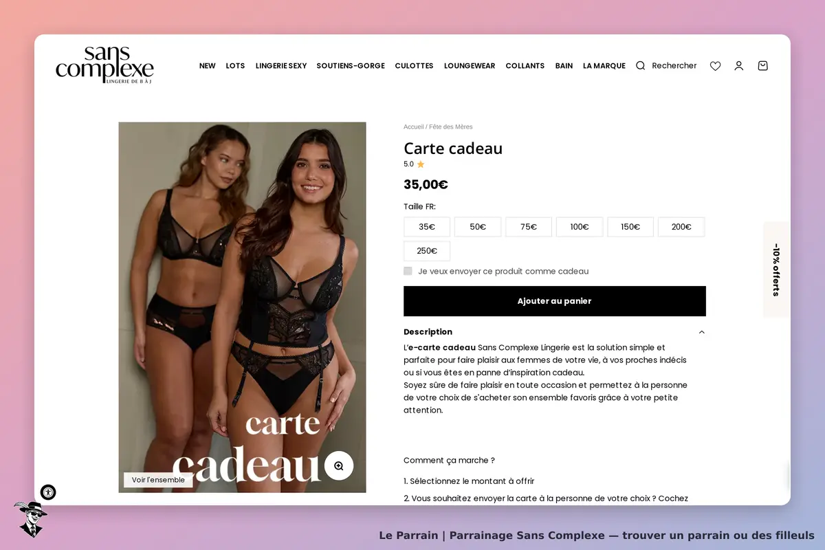 Sans Complexe : deux modèles en lingerie noire sur fond clair, avec une carte cadeau à côté