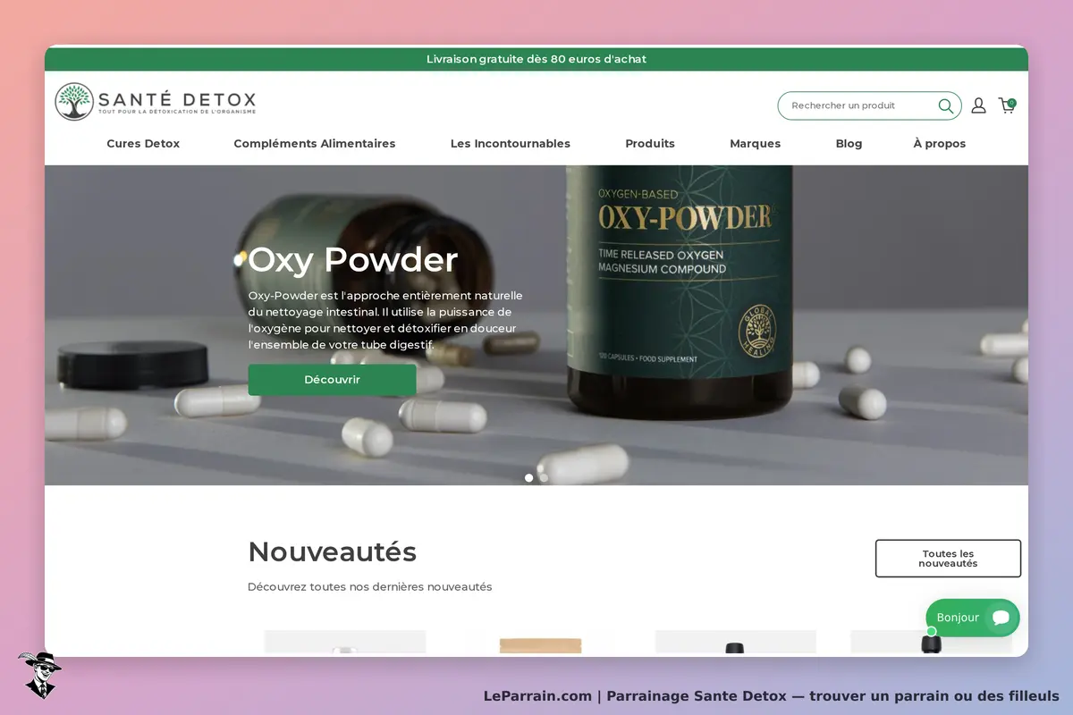 SANTE DETOX : page d'accueil présentant le produit Oxy Powder et des capsules sur un fond clair